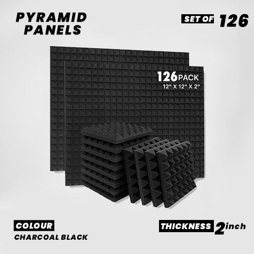 Pyramid Panels - Set of 126 | 1 Sqft, 2" Thick | 50 Density Studio Noise Reduction, Echo Absorption | Premium Grade | 3D Structure | Charcoal Black