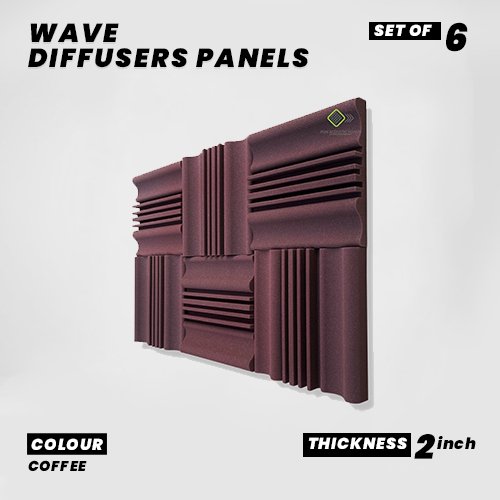 Wave Diffusers Panels - Set of 6 | 1 Sqft, 2" Thick | 50 Density | Premium Grade | 3D Structure Broadband Sound Absorber - Periodic Groove Structure | COFFEE