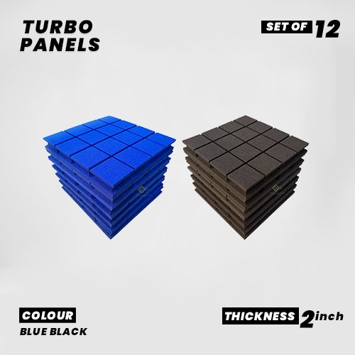 Turbo Panels - Set of 12 | 1 Sqft, 2" Thick | 50 Density Studio Noise Reduction, Echo Absorption | Premium Grade | 3D Structure with Grooves | 6 BLUE, 6 BLACK