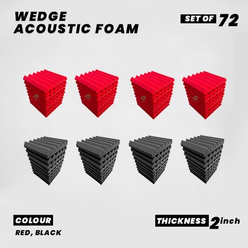 Wedge Panels - Set of 72 | 1 Sqft, 2" Thick | 50 Density Studio Noise Reduction, Echo Absorption | Premium Grade | 3D Structure | 36 RED, 36 BLACK