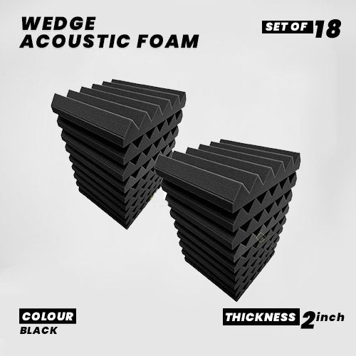 Wedge Panels - Set of 18 | 1 Sqft, 2" Thick | 50 Density Studio Noise Reduction, Echo Absorption | Premium Grade | 3D Structure | BLACK