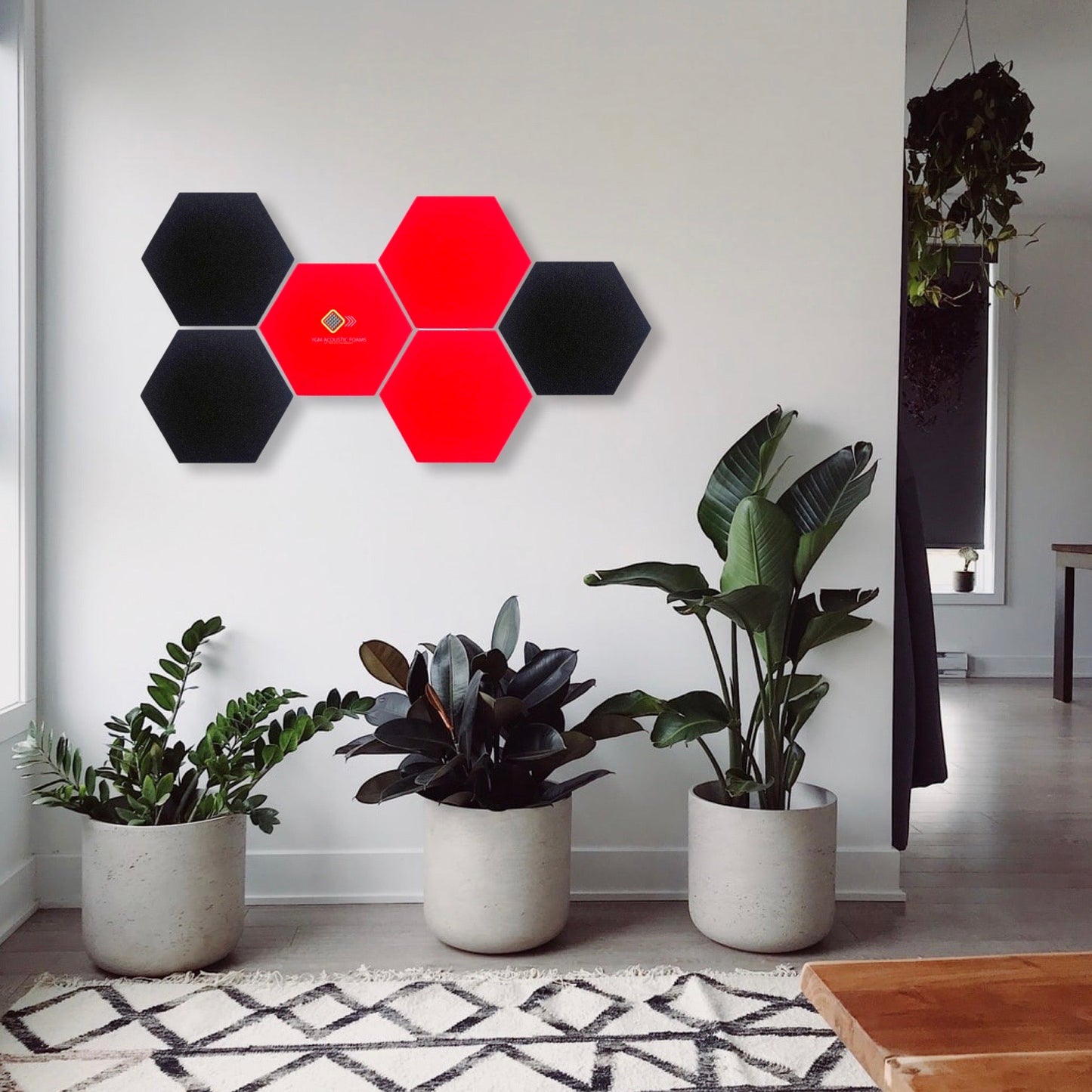 Hexagon Panels - Set of 6 | RED, BLACK | 1 Sqft, 1" Thick | 50 Density Studio Noise Reduction, Echo Absorption | Premium Grade