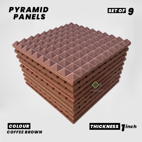 Pyramid Panels - Set of 9 | 1 Sqft, 1" Thick | 50 Density Studio Noise Reduction, Echo Absorption | Premium Grade | 3D Structure | COFFEE BROWN