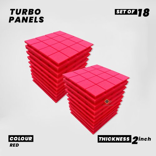 Turbo Panels - Set of 18 | 1 Sqft, 2" Thick | 50 Density Studio Noise Reduction, Echo Absorption | Premium Grade | 3D Structure with Grooves | RED