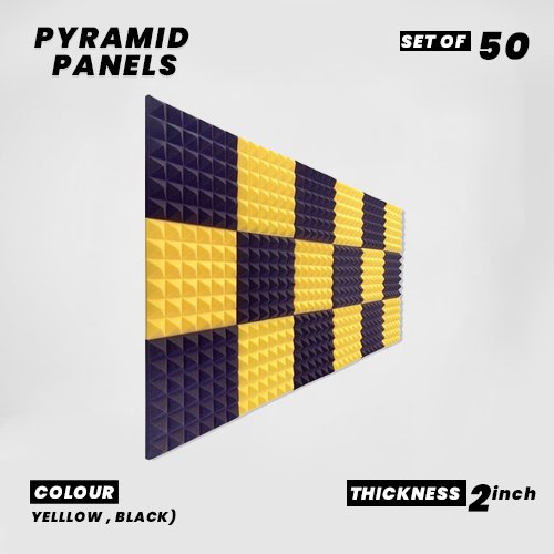 Pyramid Panels - Set of 50 | 1 Sqft, 2" Thick | 50 Density Studio Noise Reduction, Echo Absorption | Premium Grade | 3D Structure | 25 YELLOW, 25 BLACK