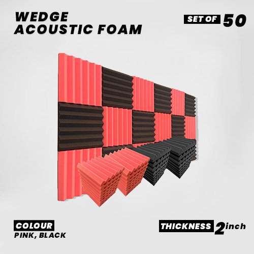 Wedge Panels - Set of 50 | 1 Sqft, 2" Thick | 50 Density Studio Noise Reduction, Echo Absorption | Premium Grade | 3D Structure | 25 PINK, 25 BLACK