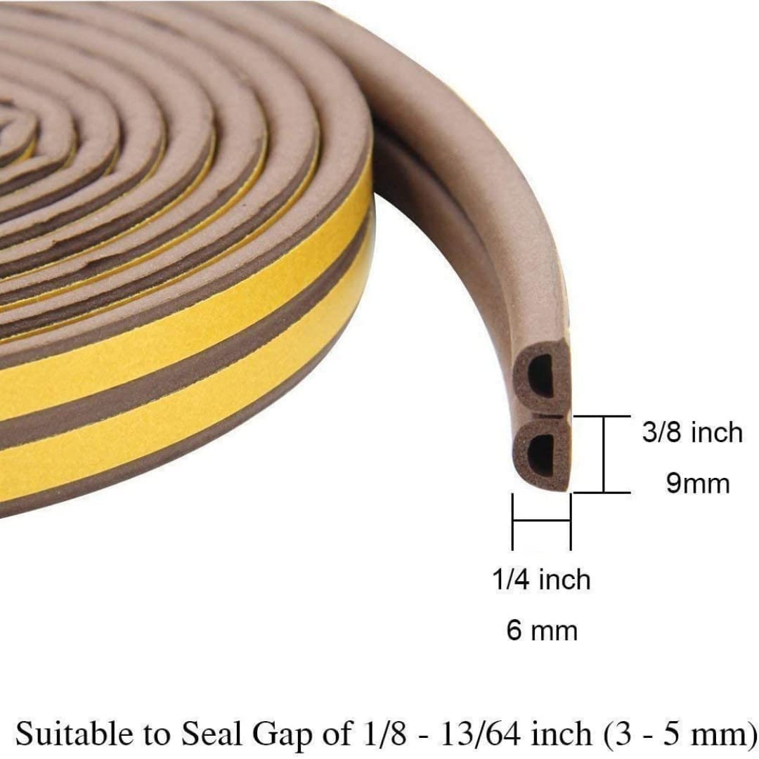 D-Type Vacuum Door & Window Weather DIY Seal Strip - 18 Feet | Brown | Superior Soundproofing - Self Adhesive