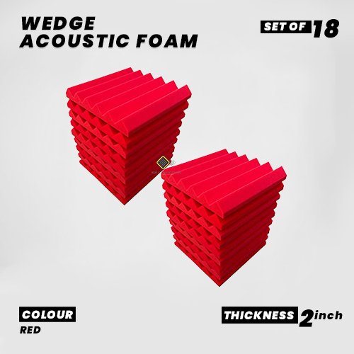 Wedge Panels - Set of 18 | 1 Sqft, 2" Thick | 50 Density Studio Noise Reduction, Echo Absorption | Premium Grade | 3D Structure | RED