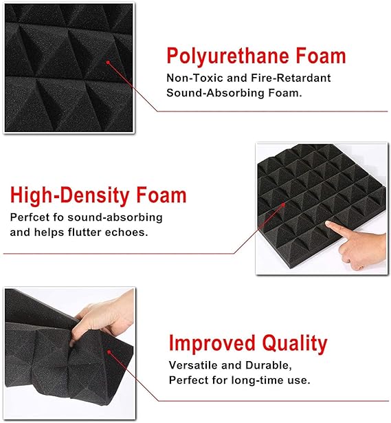 Pyramid Panels - Set of 18 | 1 Sqft, 1" Thick | 50 Density Studio Noise Reduction, Echo Absorption | Premium Grade | 3D Structure | 9 PURPLE, 9 BLACK