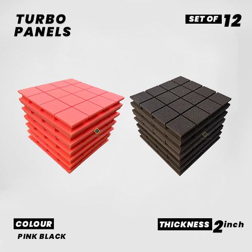 Turbo Panels - Set of 12 | 1 Sqft, 2" Thick | 50 Density Studio Noise Reduction, Echo Absorption | Premium Grade | 3D Structure with Grooves | 6 PINK, 6 BLACK