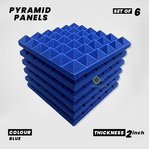 Pyramid Panels - Set of 6 | 1 Sqft, 2" Thick | 50 Density Studio Noise Reduction, Echo Absorption | Premium Grade | 3D Structure | BLUE