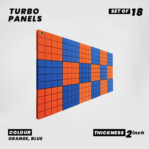 Turbo Panels - Set of 18 | 1 Sqft, 1" Thick | 50 Density Studio Noise Reduction, Echo Absorption | Premium Grade | 3D Structure with Grooves | 9 ORANGE, 9 BLUE