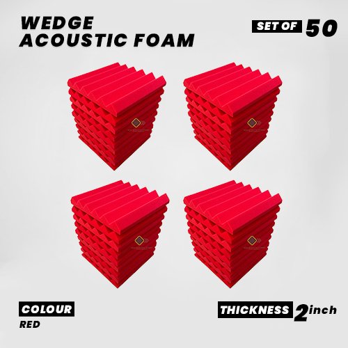 Wedge Panels - Set of 50 | 1 Sqft, 2" Thick | 50 Density Studio Noise Reduction, Echo Absorption | Premium Grade | 3D Structure | RED